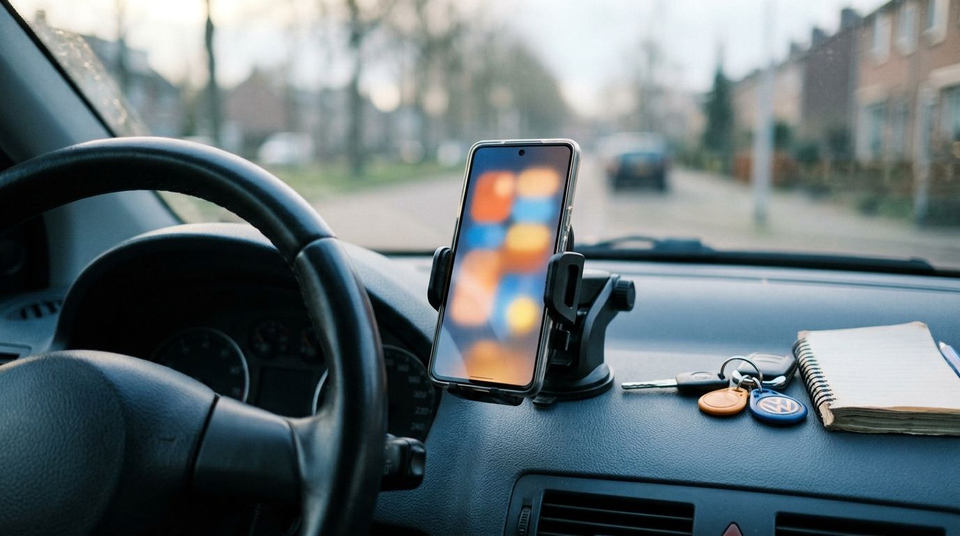 Rijinstructeur naast een leerling in een lesauto, smartphone met binnenkomende aanvraag op het dashboard