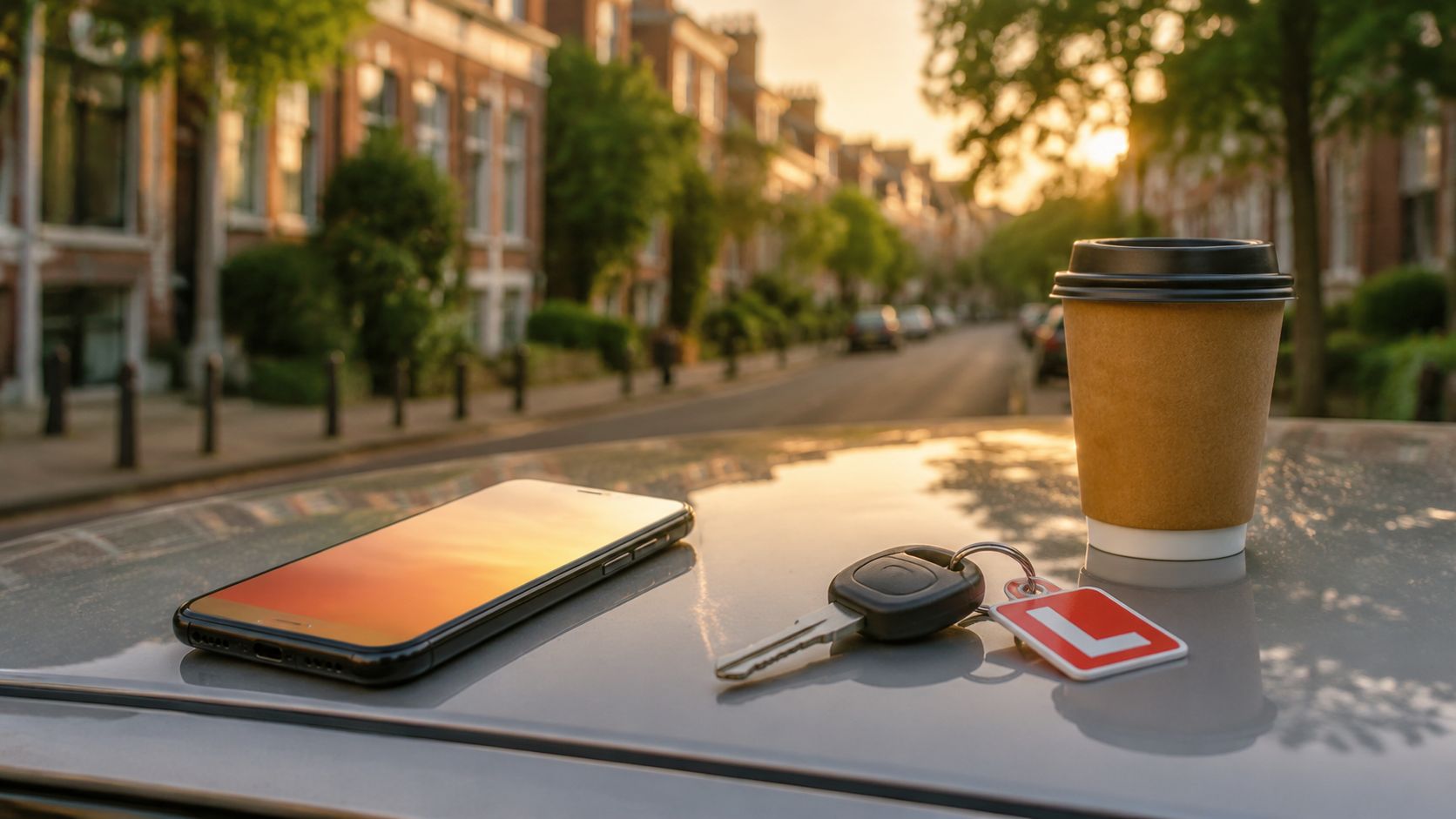 Lesauto-interieur met smartphone op het dashboard, instructeur legt iets uit aan de leerling
