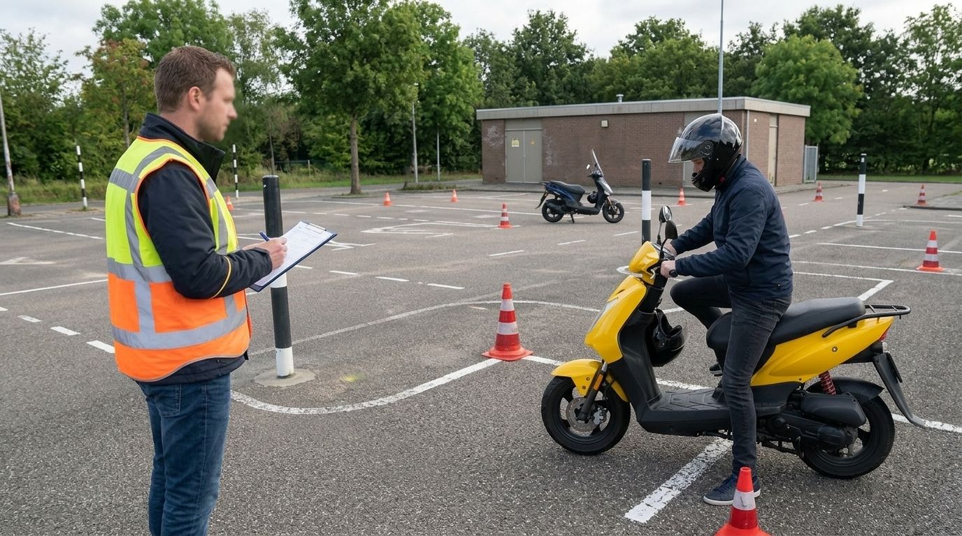 Gele scooter op een rijschool-oefenterrein met instructeur in fluorescerend hesje, leerling met helm op de scooter