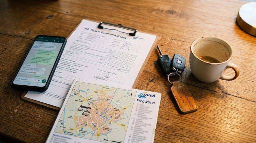 Werkbank van een Nederlandse rijschool: papieren examenblaadje, autosleutels, smartphone met WhatsApp-conversatie en een routekaart van het examencentrum onder warm lamplicht