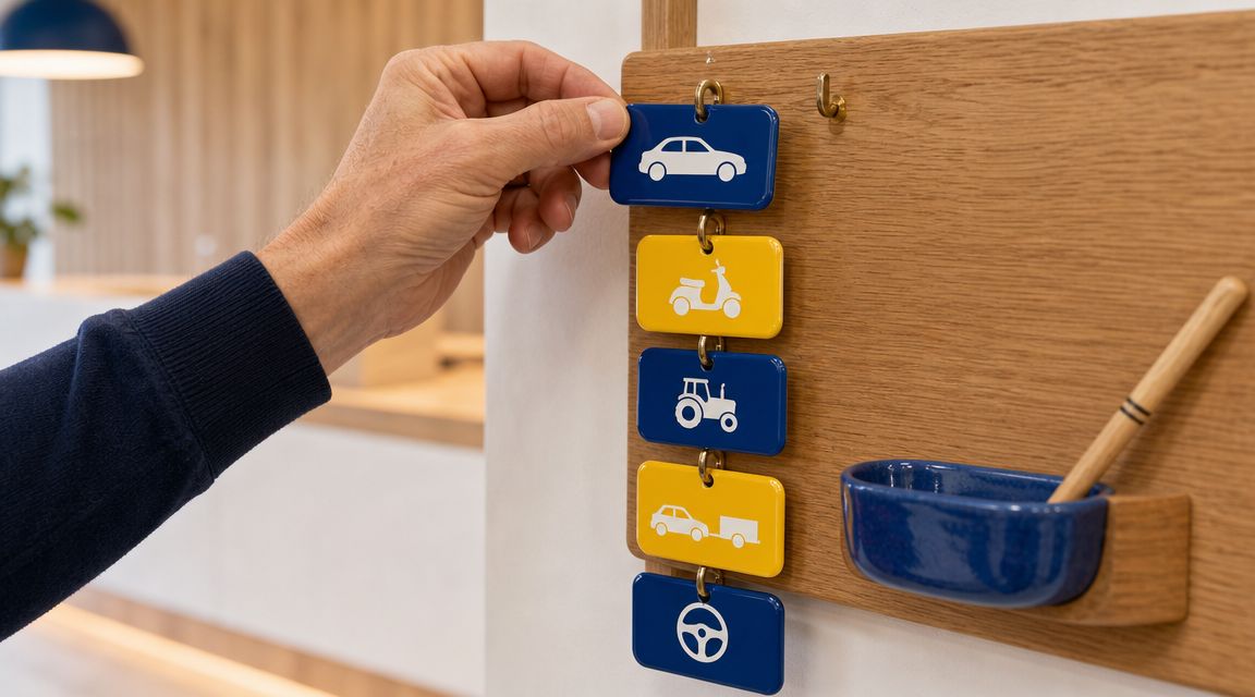 Wandrek in een rijschoolbalie met gekleurde categorie-labels voor auto, scooter, tractor en aanhanger, waarbij een hand het blauwe auto-label van het haakje tilt
