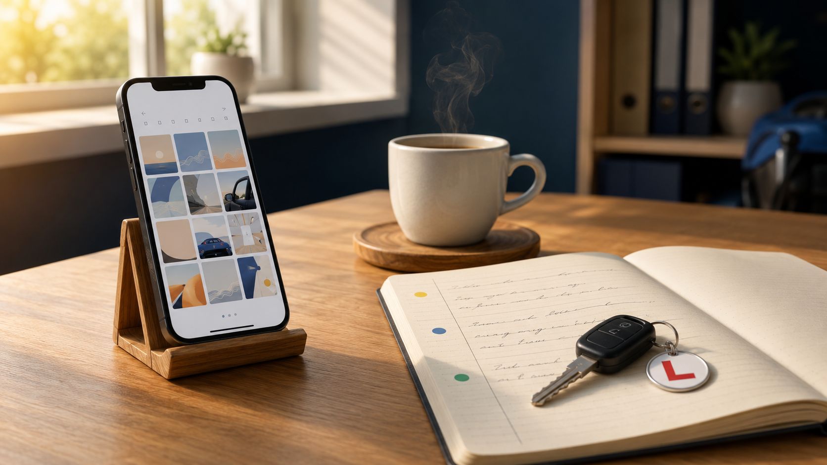 Rij-instructeur plant Instagram-content aan een bureau in een rijschoolkantoor