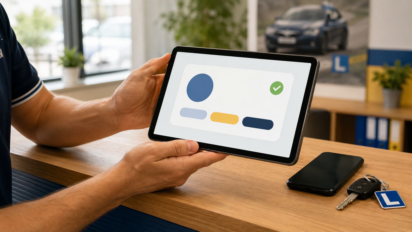 Close-up van een klantkaart op een tablet naast een geel markeerstiftje en een lesrooster op een houten bureau
