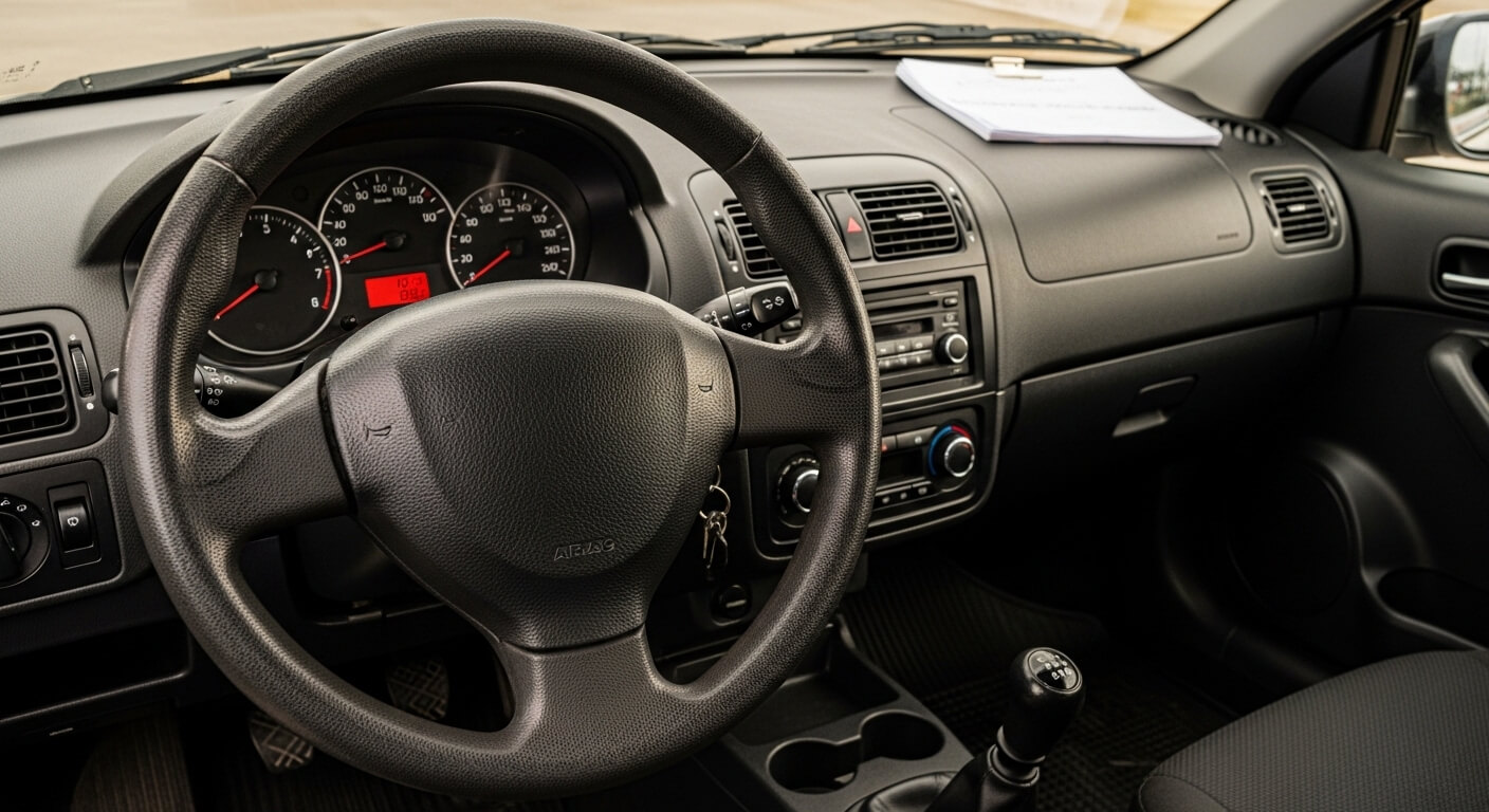 Lesauto geparkeerd op een rustige Nederlandse straat, warme middagzon