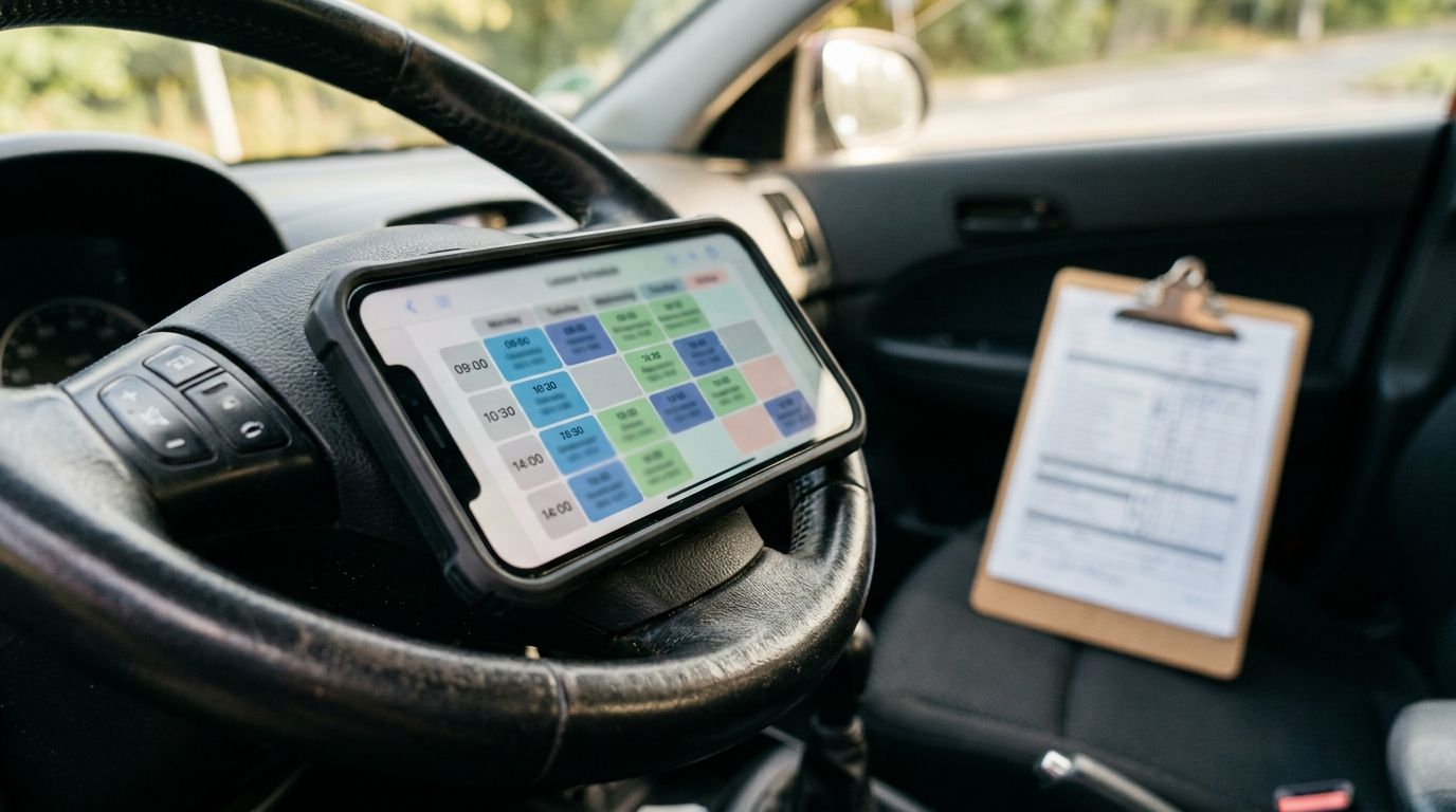 Rijschool-instructeur kijkt op zijn smartphone naar lesplanning in zijn auto