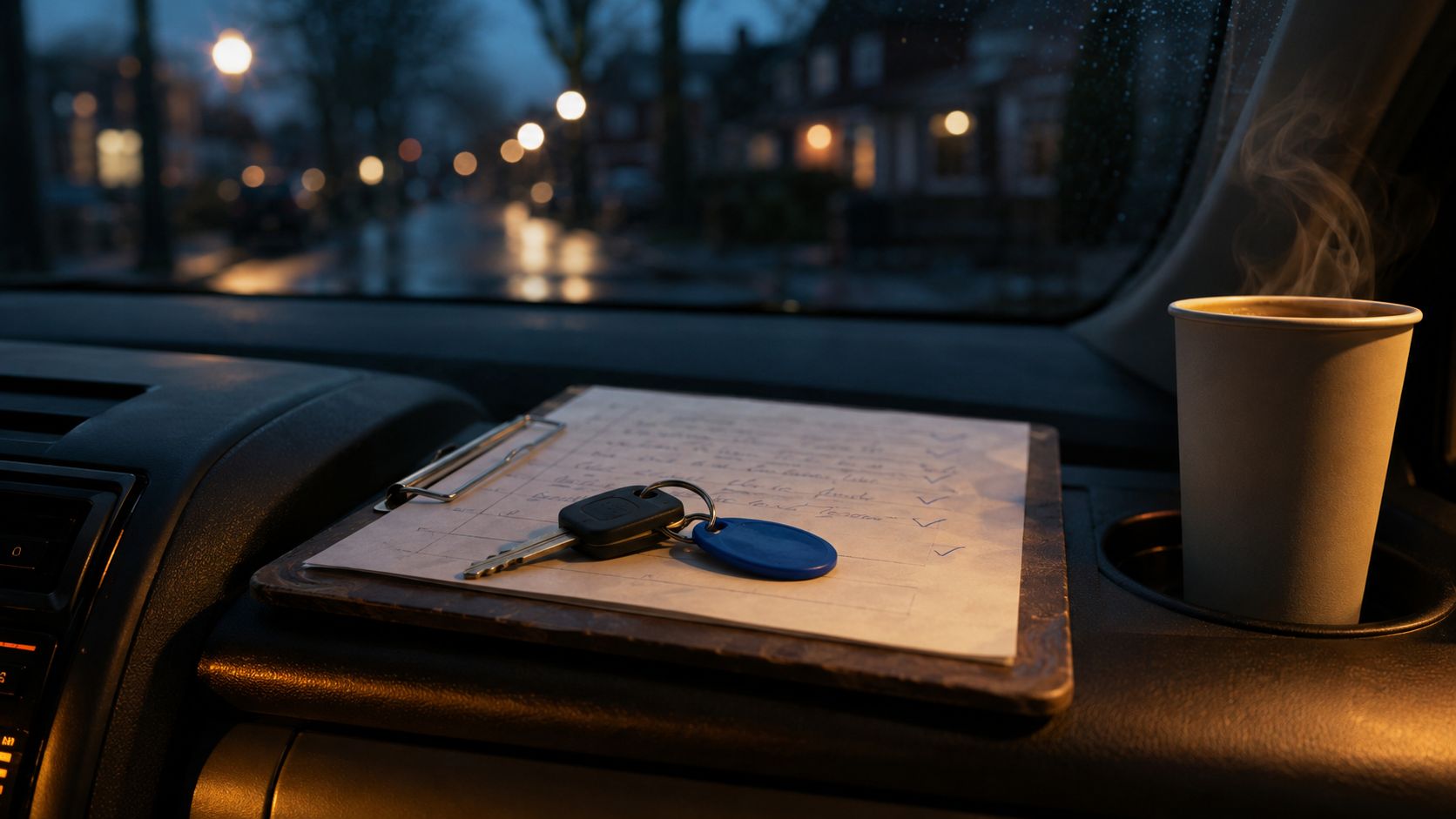 Lespakket-offerte op een klembord op het dashboard van een lesauto in de schemering