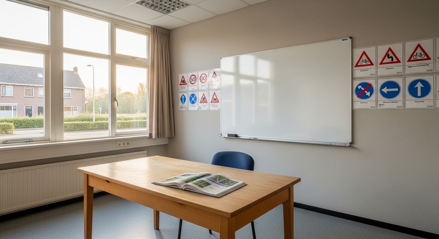 Rijschool leslokaal met theoriemateriaal