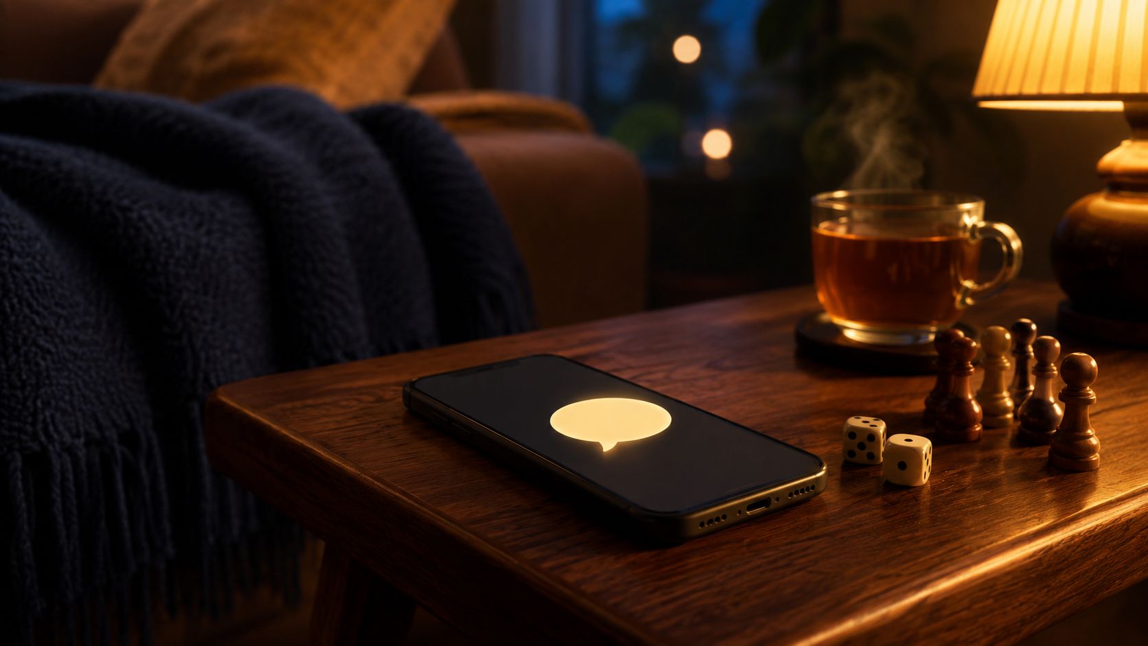 Smartphone met chatmelding naast bordspelstukken op een houten salontafel in avondlicht