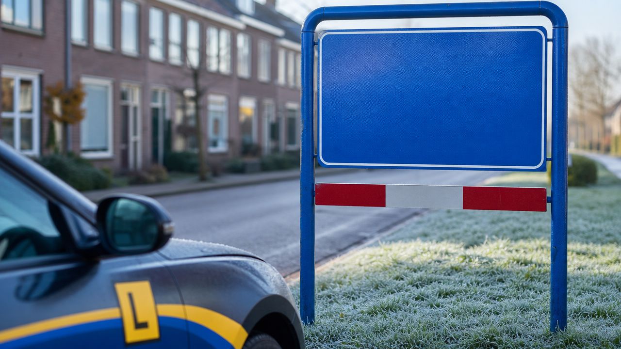 Lesauto met L-bord bij een blauw plaatsnaambord aan de rand van een Nederlandse stad in de vroege ochtend