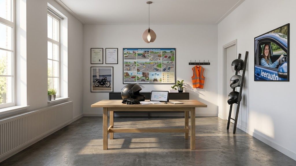 Werkbalie close-up: een motor-helm met geopend vizier en handschoenen rusten op een houten werkblad, een gevouwen lesmateriaal-map met motorrijbewijs A1/A2/A schema's, een tablet met geopende rijschool-planning kalender (geblurde tekst), een sleutelhanger met motor-sleutel, ochtendzon door een hoog raam