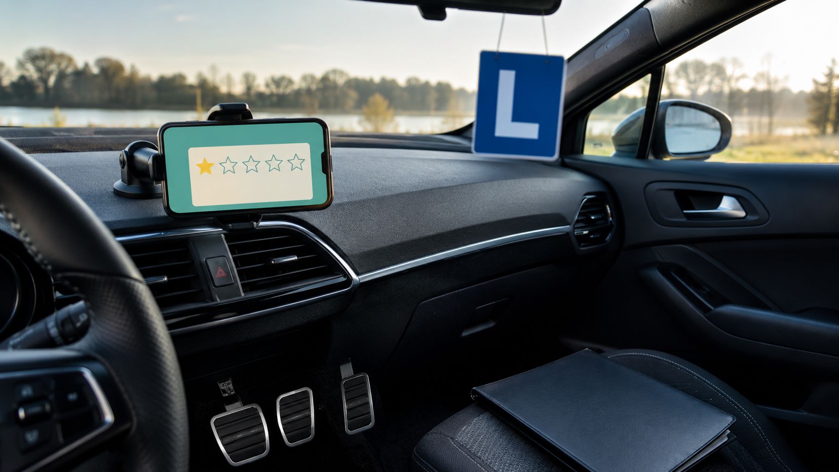 Smartphone op een leerauto-dashboard met een binnenkomende review-melding, dubbele pedalen en een lesmap op de achtergrond, zacht ochtendlicht