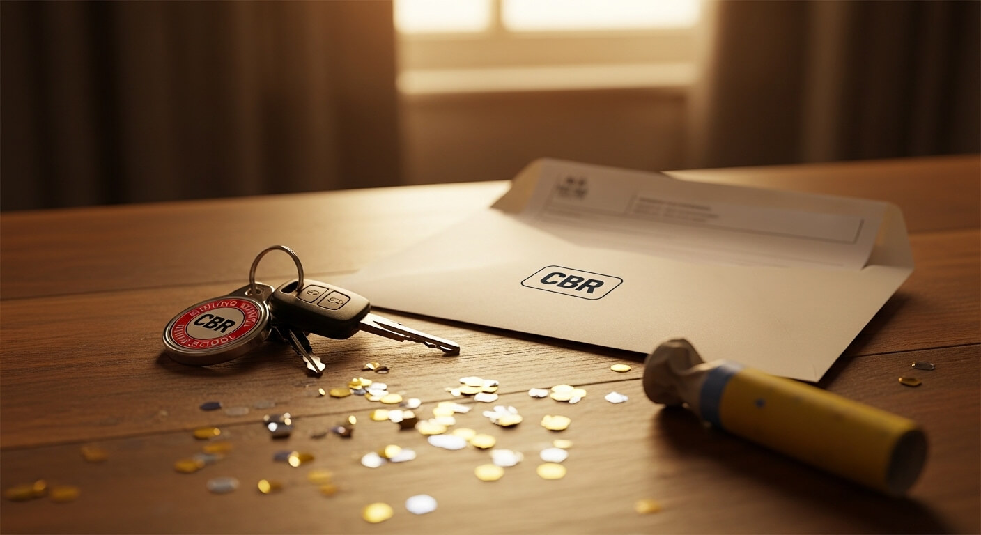 Rijschoolsleutel en examenbriefje op bureau