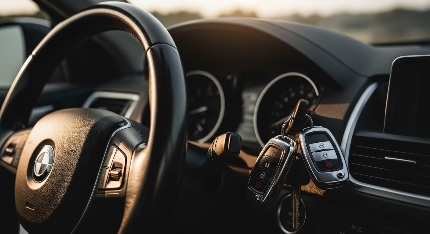 Autosleutels naast een rijbewijshouder op een houten tafel, warm licht