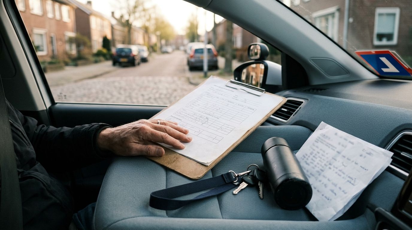 Rijschool-Instructeur met klembord en tablet in auto naast leerling, zonnige dag, Nederlandse wijk zichtbaar door raam