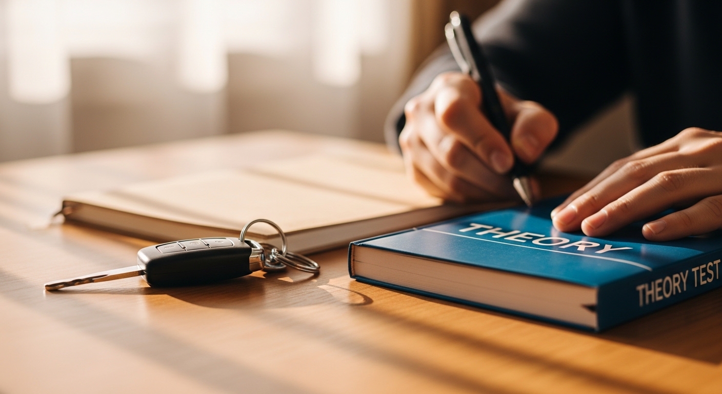 Lesauto sleutels en theorie-boek op een houten bureau