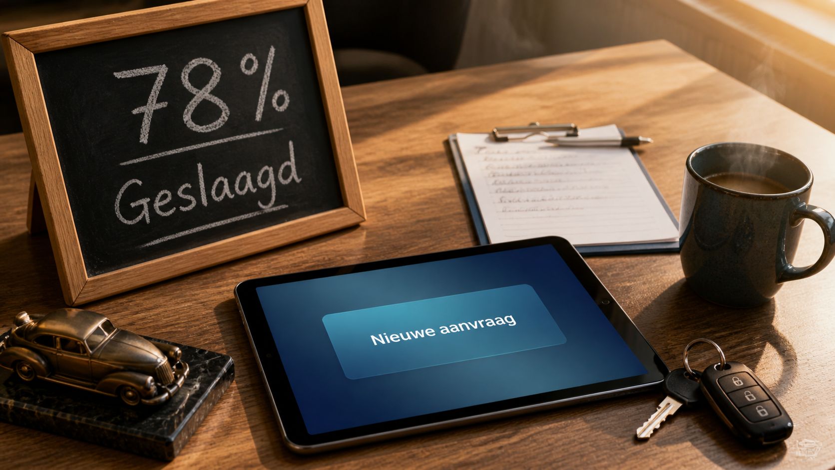 Whiteboard met slagingspercentage 78% en handgeschreven leerlingnamen, koffie en autosleutels op werkbank