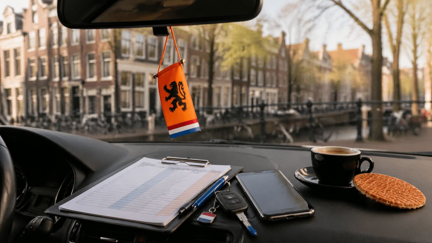 Smartphone met rij-instructeur kalender, sleutels en dashboard van een lesauto met oranje Koningsdag-vlaggetjes voor een Nederlandse straat