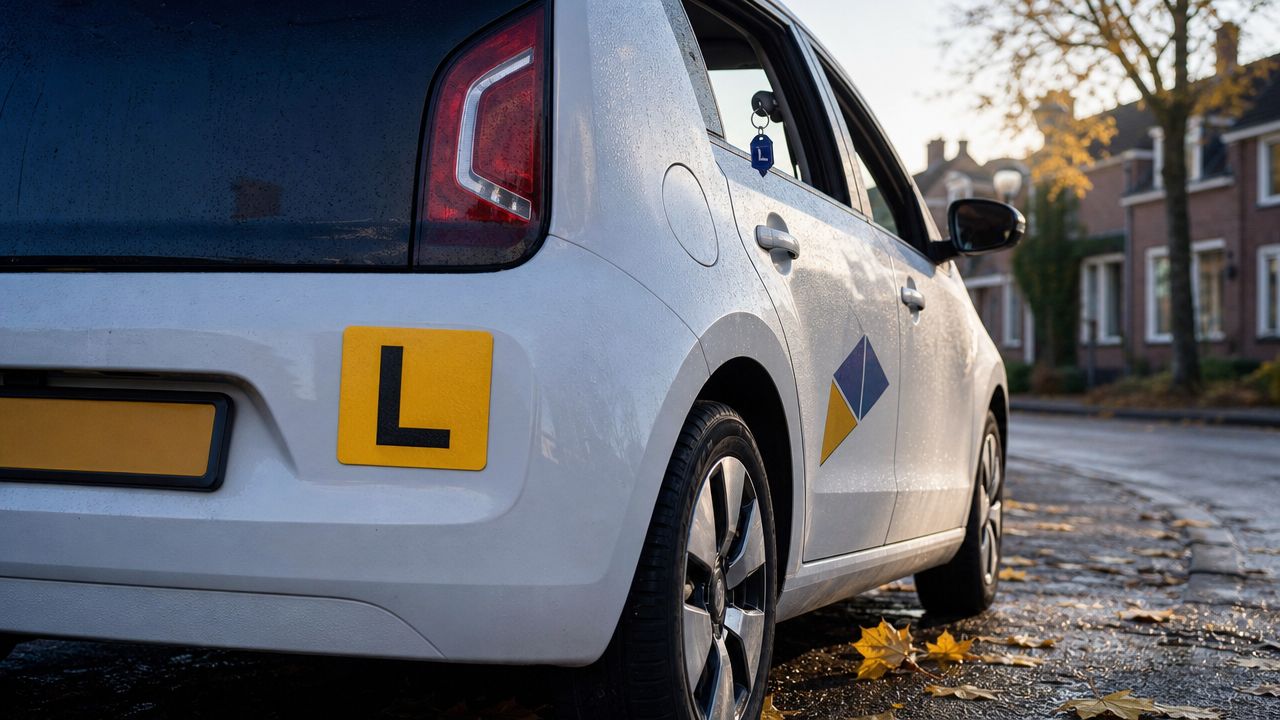 Witte lesauto met verse L-plate op rustige Nederlandse stadsstraat in ochtendlicht