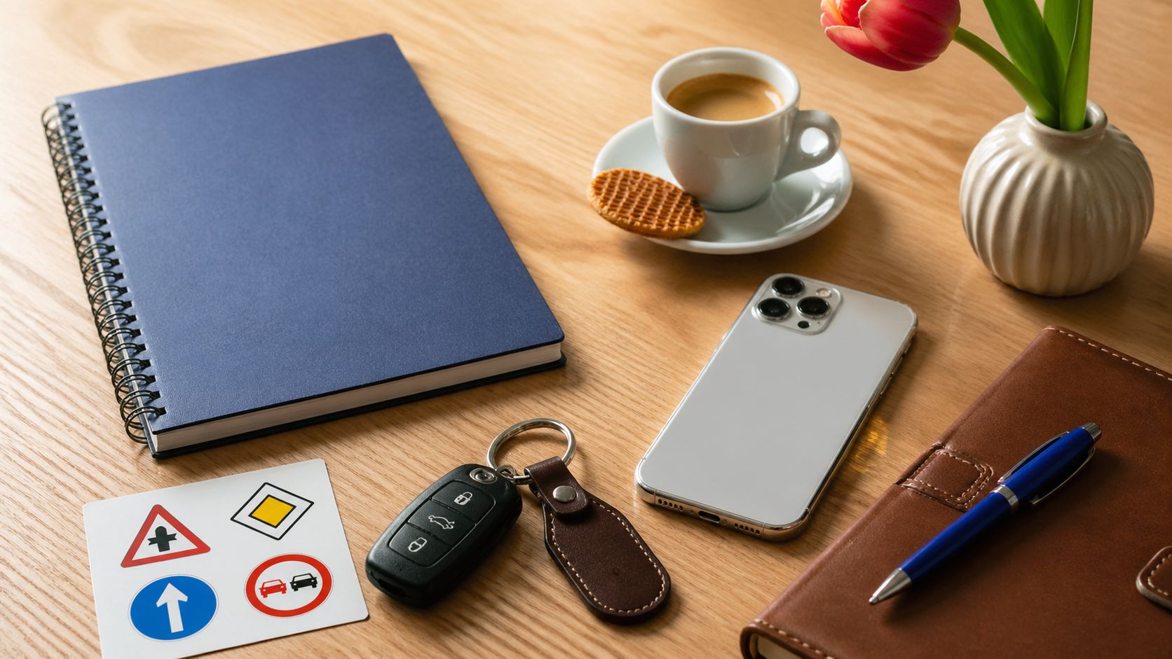 Rijschool werkbalie close-up: lesboek, autosleutels met sleutelhanger, smartphone, koffiebeker en notitieblok in zacht daglicht