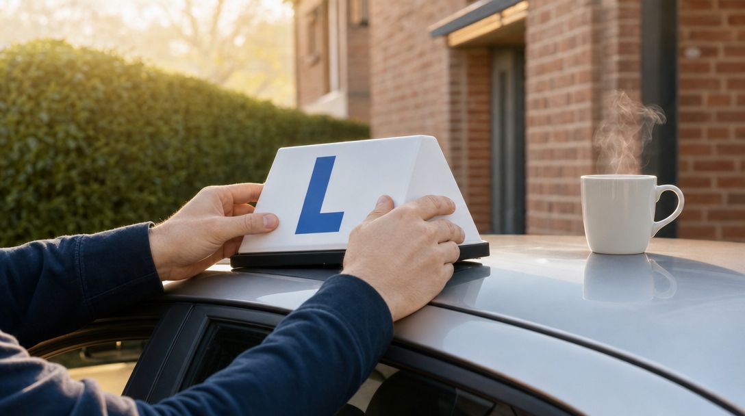 Handen klikken een magnetisch L-dakbord op het dak van een lesauto in de ochtendzon