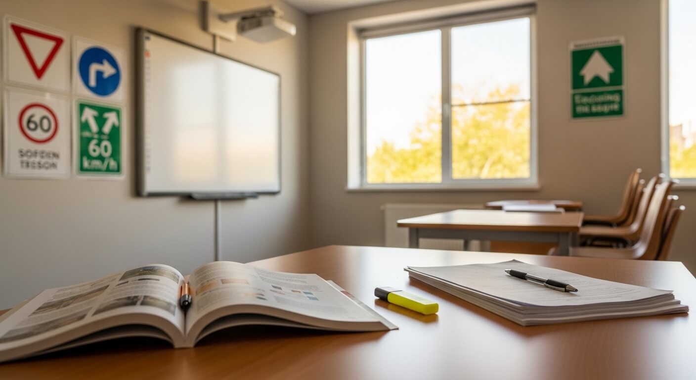 Rijschool lesauto op rustige Nederlandse weg