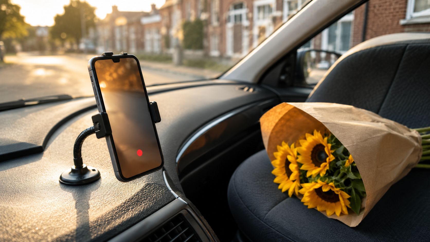Rijinstructeur filmt een geslaagde leerling met rijbewijs bij de lesauto