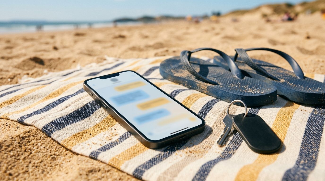 Kalender op een houten bureau met een telefoon die een WhatsApp-bericht toont, zomers ochtendlicht