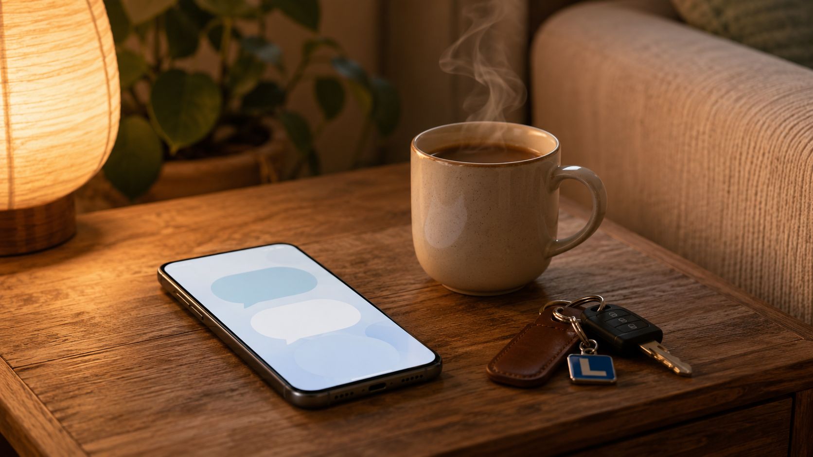 Smartphone met een chatgesprek naast autosleutels met L-label en een kop koffie op een houten bijzettafel
