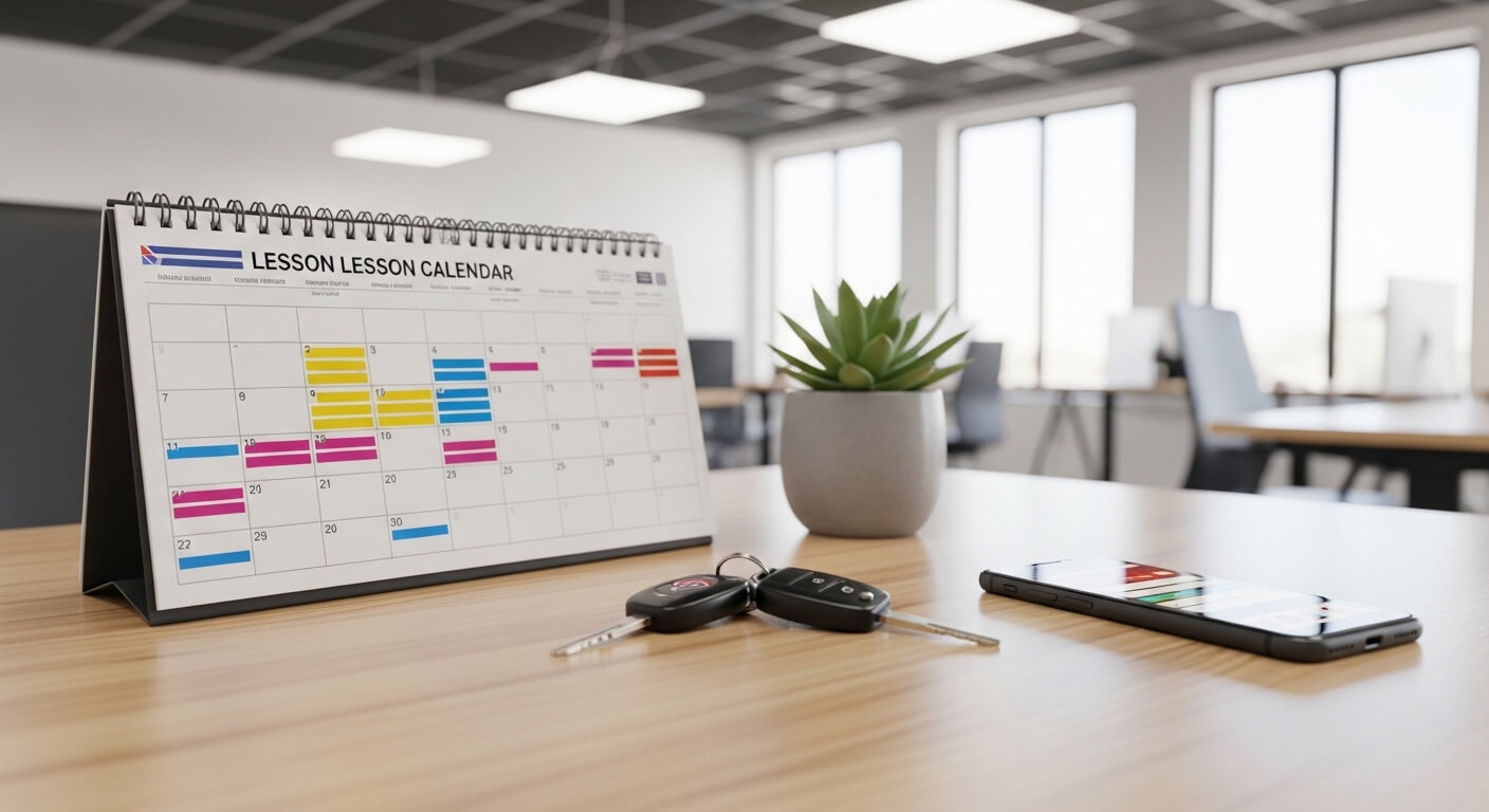 Bureau met lesplanning, autosleutels en smartphone