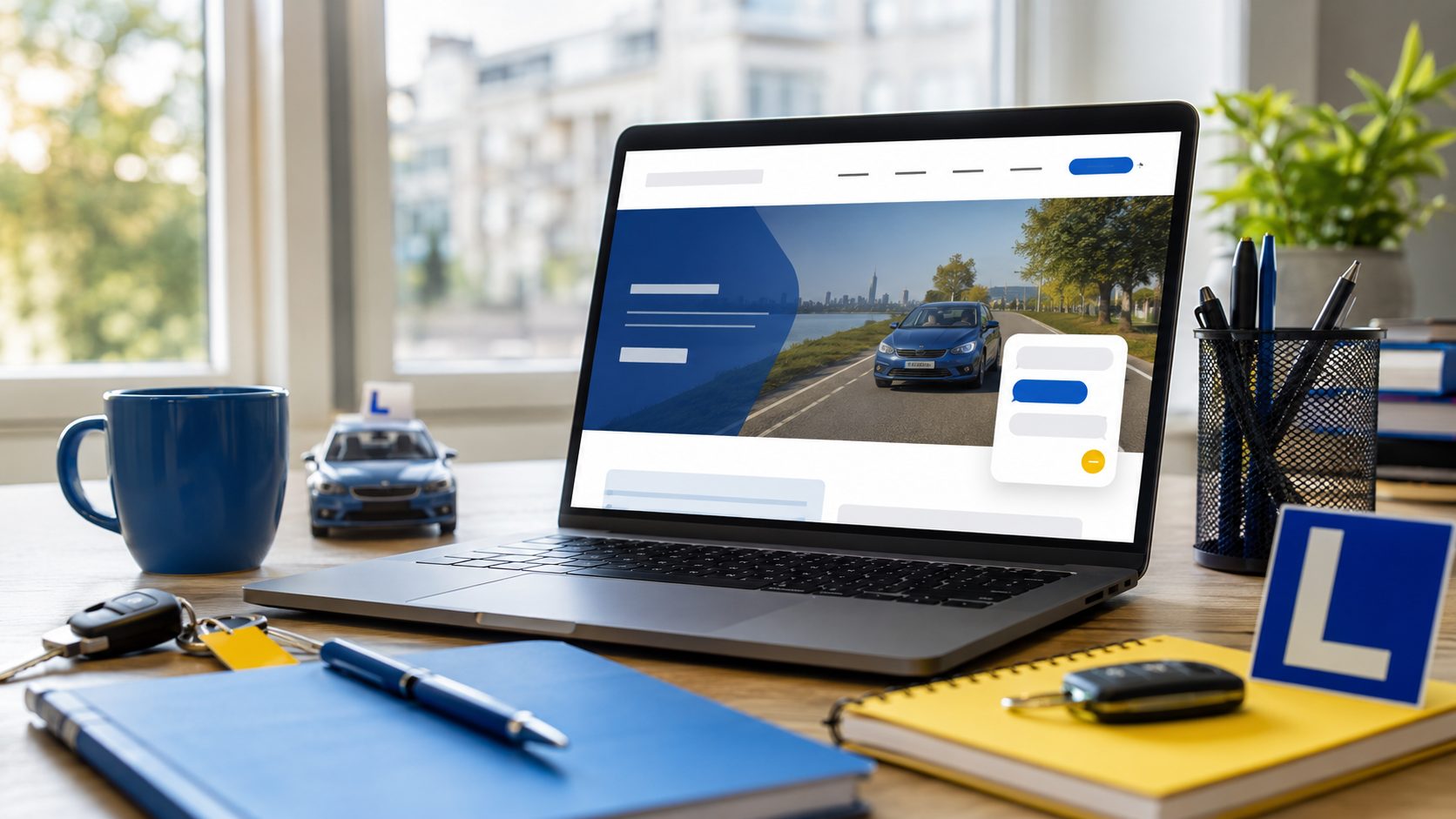 Laptop met chatbot widget voor rijinstructeur website