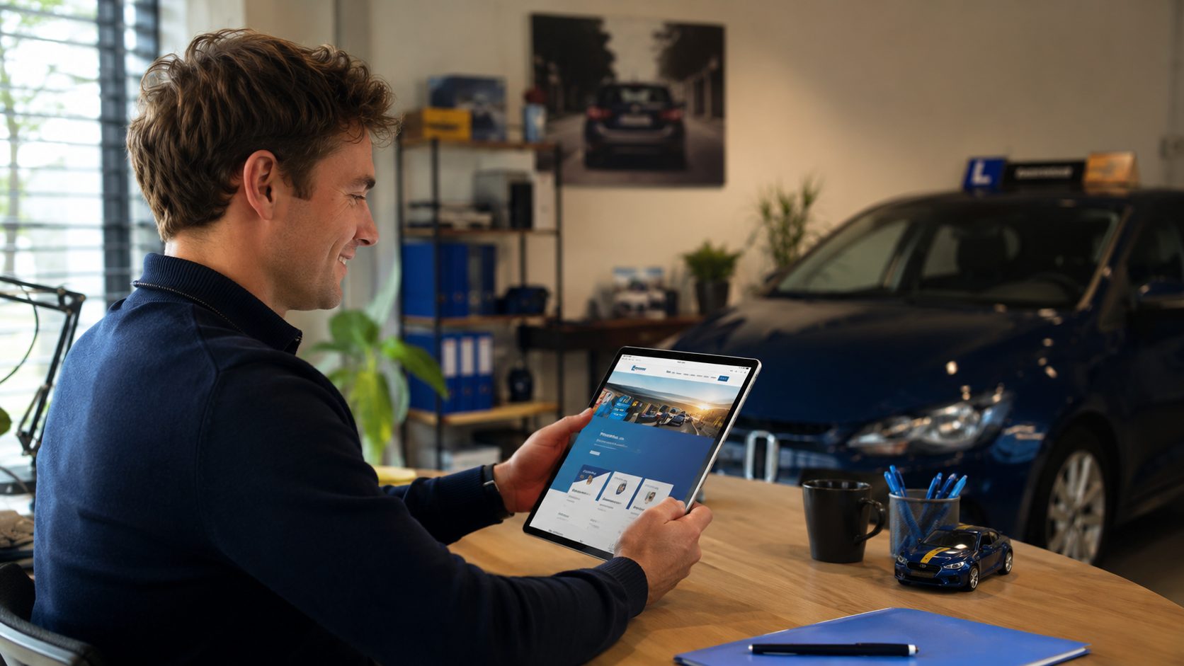 Rijscholen eigenaar bekijkt nieuwe website preview op tablet