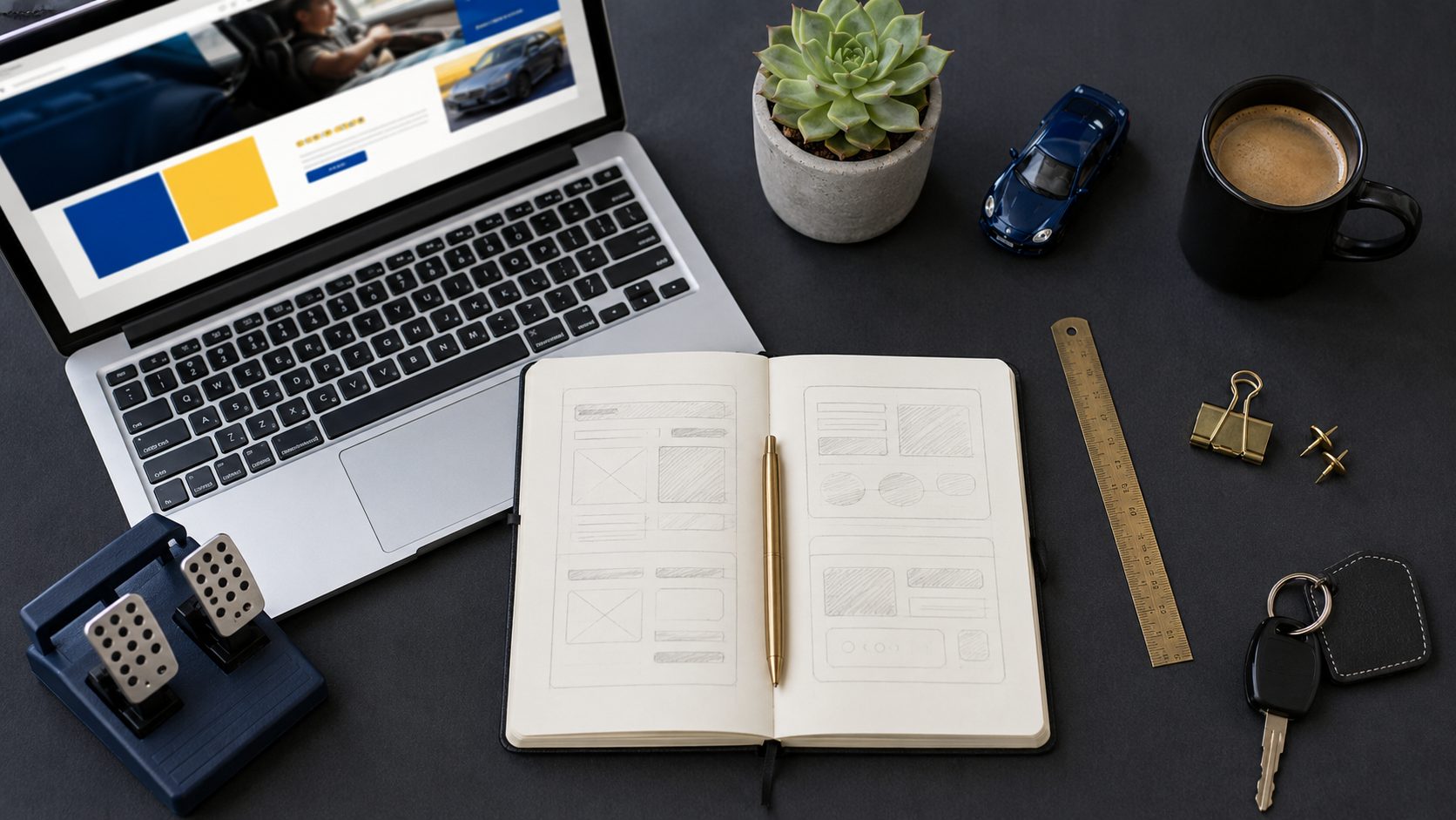 Top-down flat-lay van rijinstructeur website ontwerpproces met wireframe schetsen