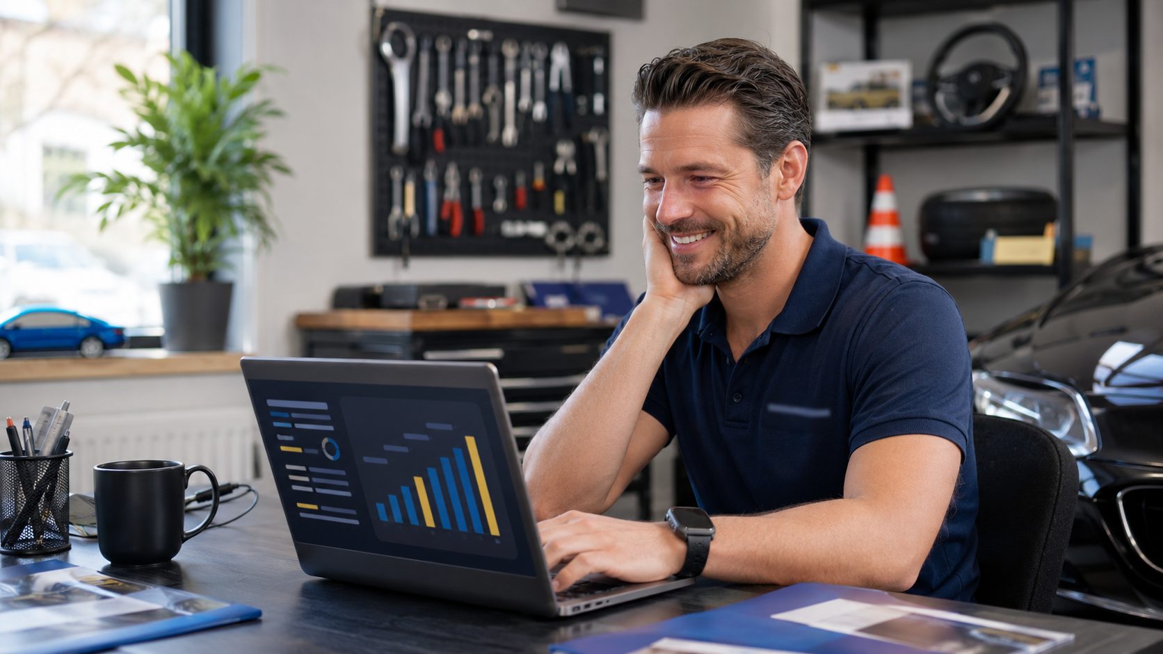 Rijscholen eigenaar bekijkt review analytics dashboard