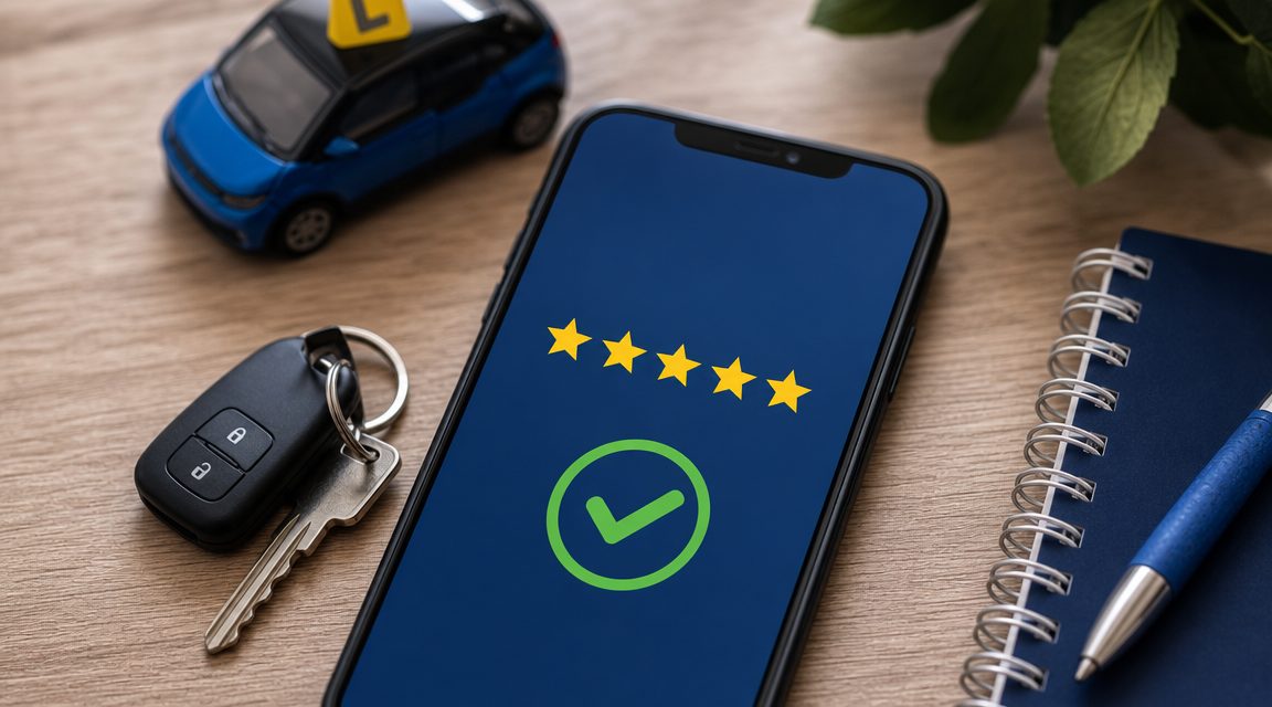 5-sterren review op smartphone — Google review na rijinstructeur klus