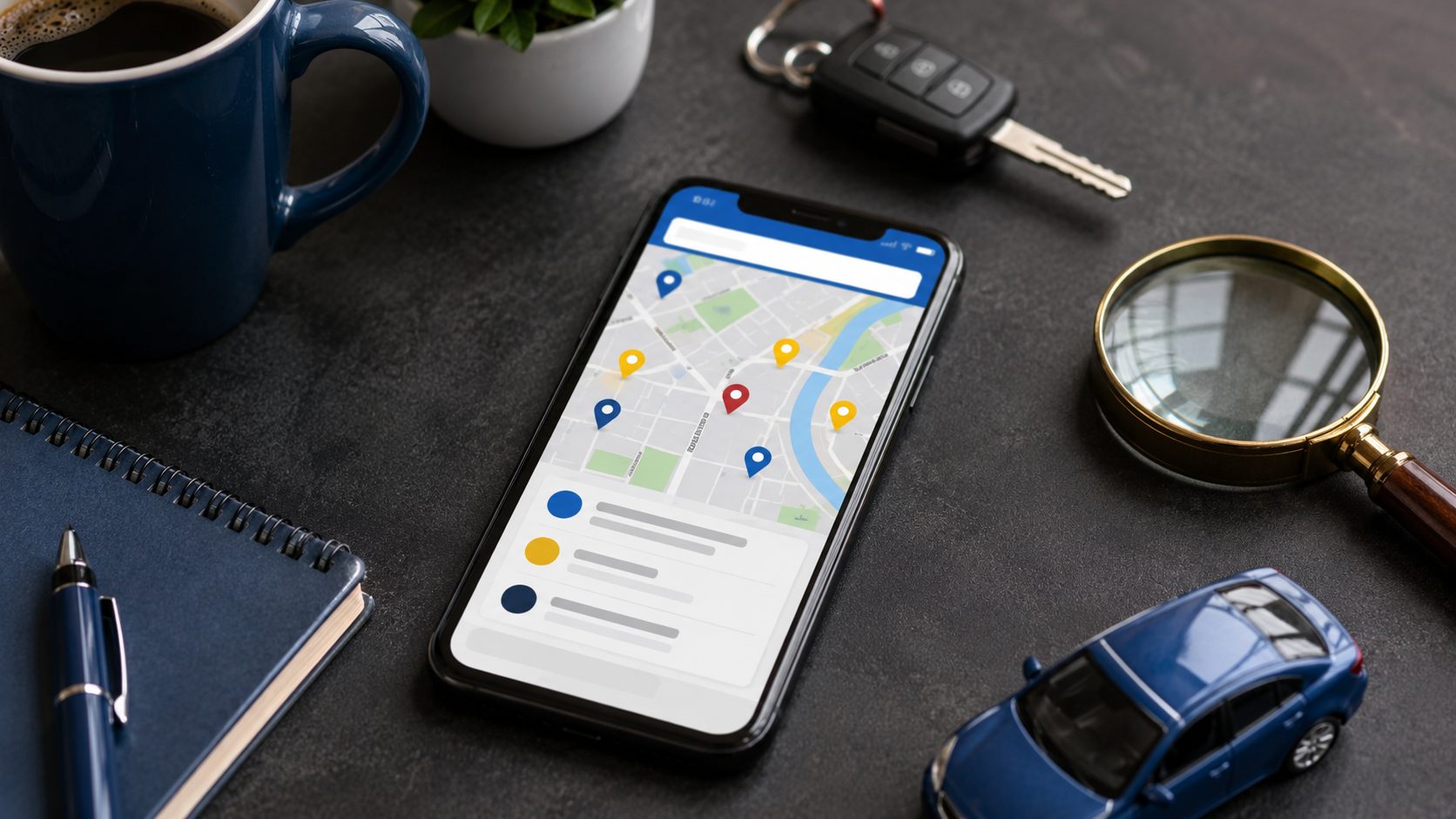 Google Maps listing voor rijinstructeur-bedrijf op smartphone