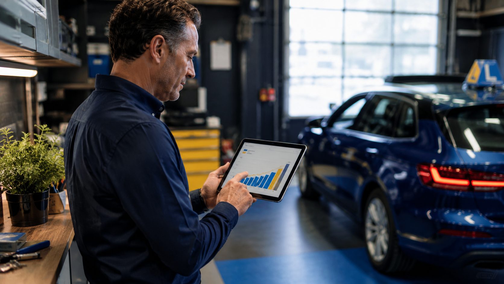 Rijinstructeur bekijkt SEO ranking-chart op tablet