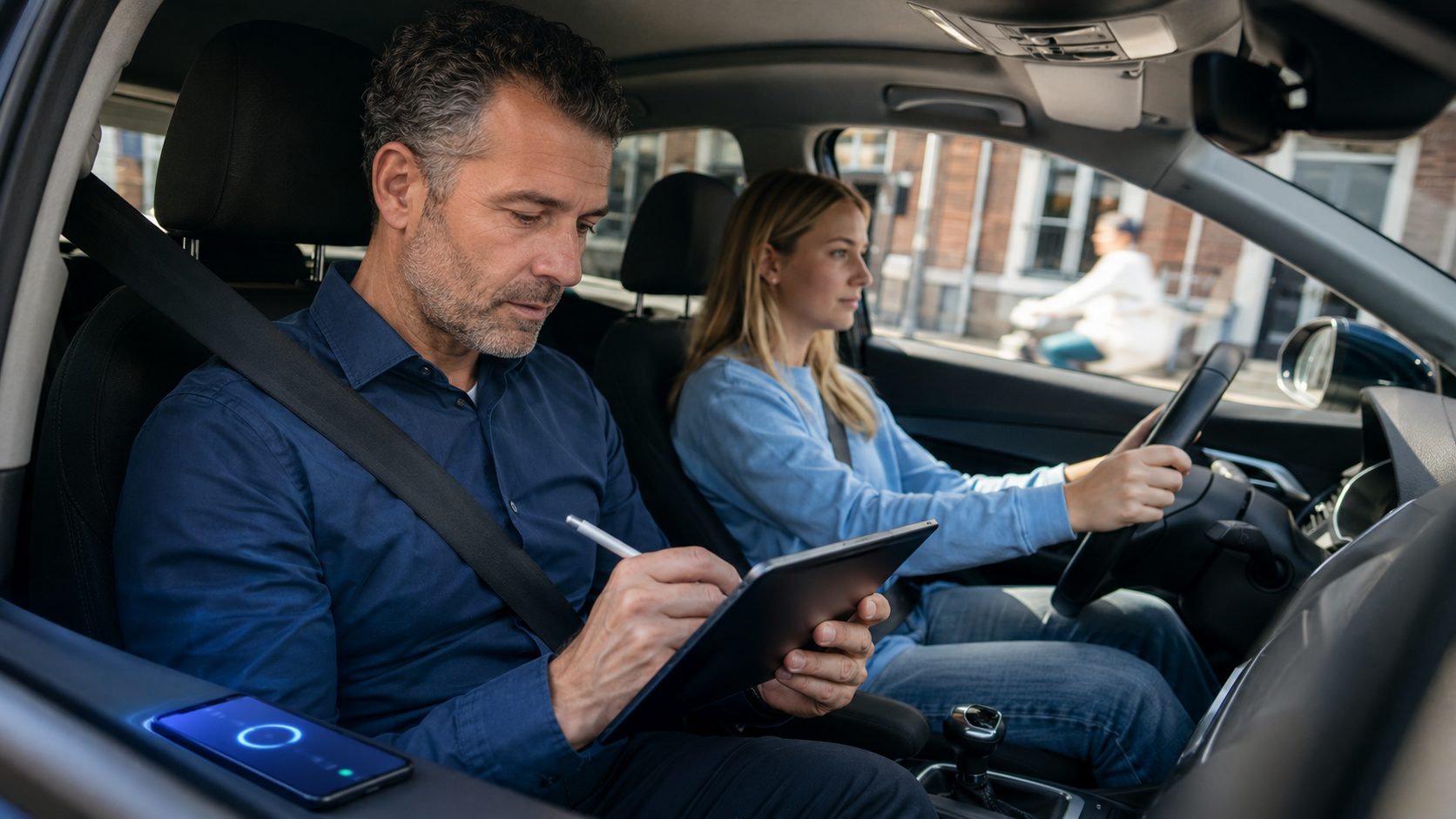 Rijinstructeur werkt terwijl Voice AI binnenkomende oproep beantwoordt